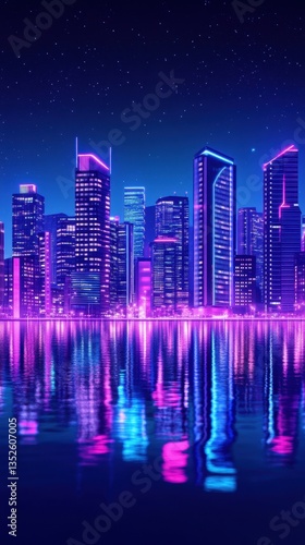 Illuminated city skyline reflecting in calm water under a starry sky