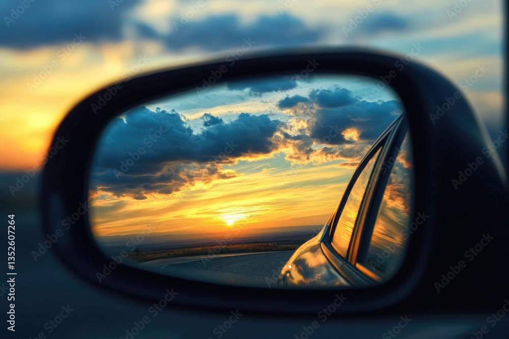 Sunset Reflections: Car's Rearview Mirror Capturing Vibrant Sky Over Scenic Journey Sunset Reflections: Car's Rearview Mirror Capturing Vibrant Sky Over Scenic Journey