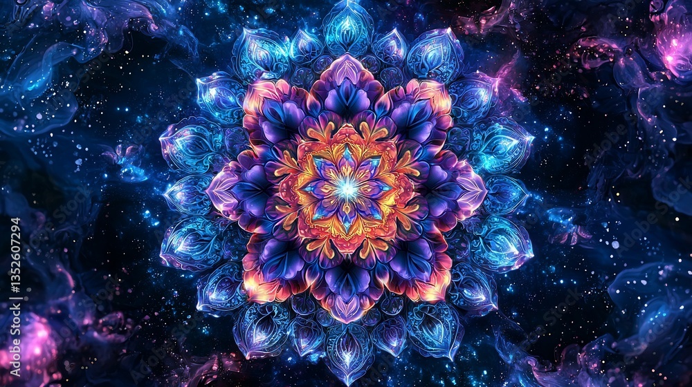 Cosmic Mandala, vibrant colors, intricate design, space background. Cosmic Mandala, vibrant colors, intricate design, space background.