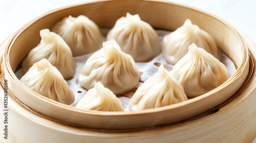 Steaming Xiao Long Bao Dumplings in Bamboo Basket Close-up Food Photography Steaming Xiao Long Bao Dumplings in Bamboo Basket Close-up Food Photography