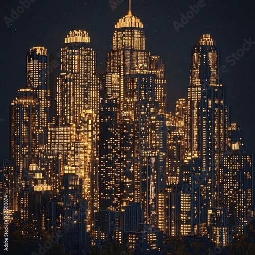 A stylized cityscape illuminated with many lights during night time