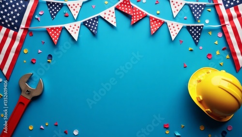 A yellow construction helmet, Helmet tools flag, Labor Day