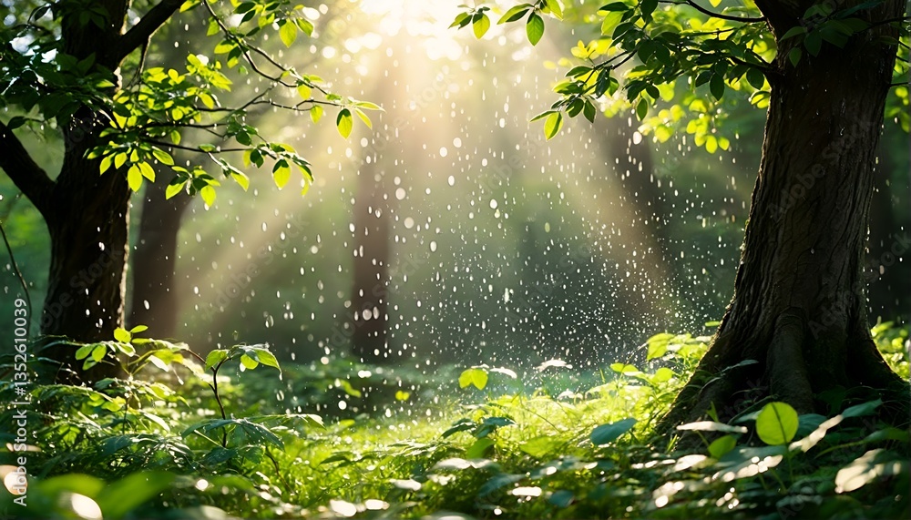 Obraz premium Sunlight filtering through trees and leaves on a rainy day.
