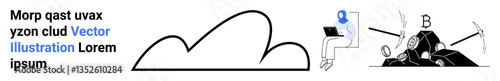 Cloud symbol linked with a person working on a laptop and cryptocurrency mining tools. Ideal for technology, cloud storage, analytics, digital operations, remote work, blockchain, simple landing page