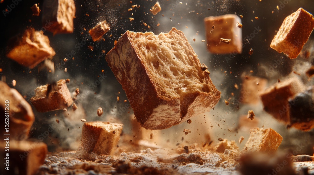 Fototapeta premium Flying Croutons Explosion, Brown Bread Pieces