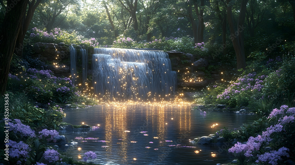 Fototapeta premium Serene waterfall cascading into a tranquil pond surrounded by vibrant flowers and soft sunlight