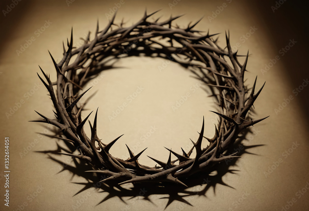 Fototapeta premium A crown of thorns rests on a surface, casting a profound shadow. This emblem of royalty and suffering evokes historical and spiritual reflections of sacrifice and redemption Generative AI