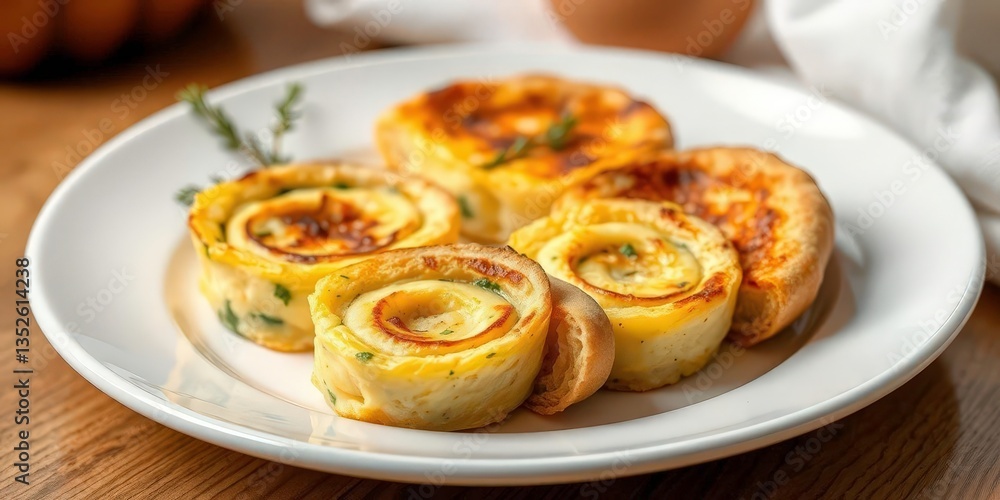 Fresh egg quiche slices & cheese rolls on a white plate, delicious food, comfort food Fresh egg quiche slices & cheese rolls on a white plate, delicious food, comfort food