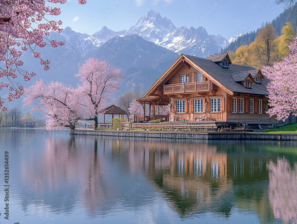 Obraz premium lakeside scene with a wooden house and a gazebo, surrounded by blooming cherry trees. The lake is calm, reflecting the house and trees, and the background features snow-capped mountains under a clear