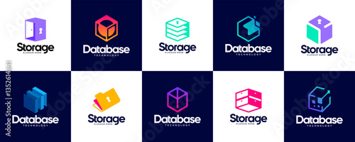 collection of logo boxes with the concept of digital storage, data base, system, network connection, vector graphic illustration.