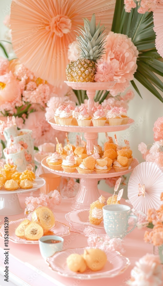 A pastel pink dessert table adorned with cupcakes, pineapple, and delicate floral decorations creates a charming and elegant ambiance. A pastel pink dessert table adorned with cupcakes, pineapple, and delicate floral decorations creates a charming and elegant ambiance.