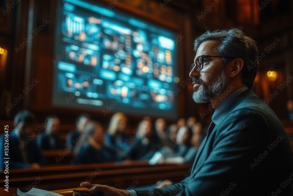 Obraz premium Business presentation showcases analytics and strategic insights in a formal setting during a board meeting