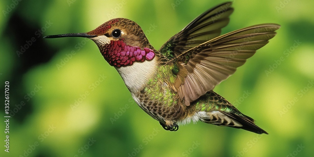 Fototapeta premium Adult Male Anna's Hummingbird in Flight, Sipping Nectar from Vibrant Flower in Santa Cruz, California