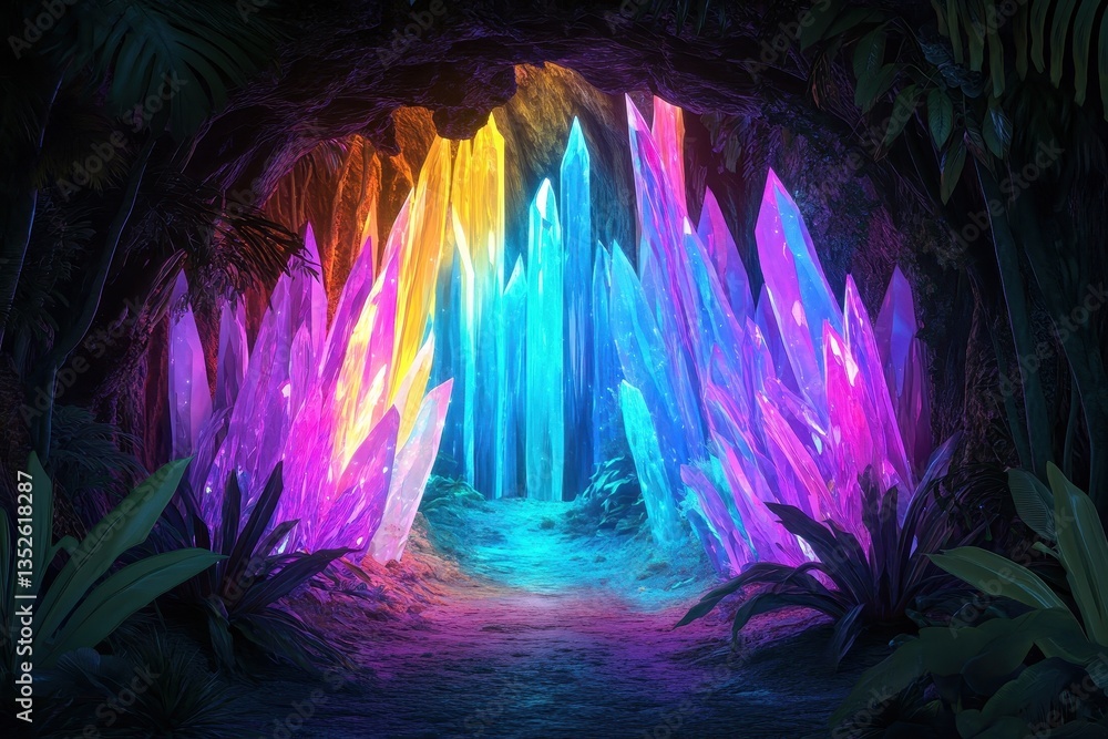 Fototapeta premium A colorful cave illuminated by stunning and vibrant crystal formations