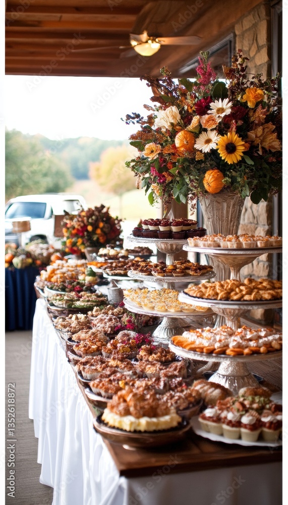 An autumnal dessert buffet overflows with an array of pastries, cakes, and sweets, arranged on elegant tiered stands. An autumnal dessert buffet overflows with an array of pastries, cakes, and sweets, arranged on elegant tiered stands.