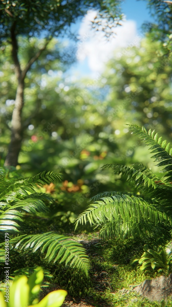 A sunlit forest scene with lush green vegetation and ferns A sunlit forest scene with lush green vegetation and ferns