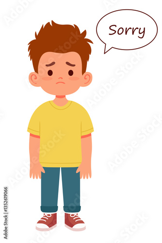 Cute sad boy asking for forgiveness saying SORRY. Sympathy and expression, feelings. Emotions and facial expressions, gestures. Vector illustration isolated on white background