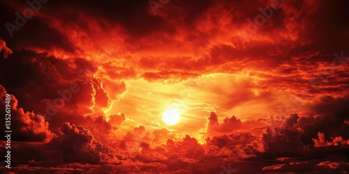 Dramatic Sky with Apocalypse Red Hues: Bright Sun Behind Dark Clouds Foretelling a Fiery End
