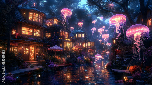 Enchanted evening in a whimsical village illuminated by glowing jellyfish and cozy homes by a serene river