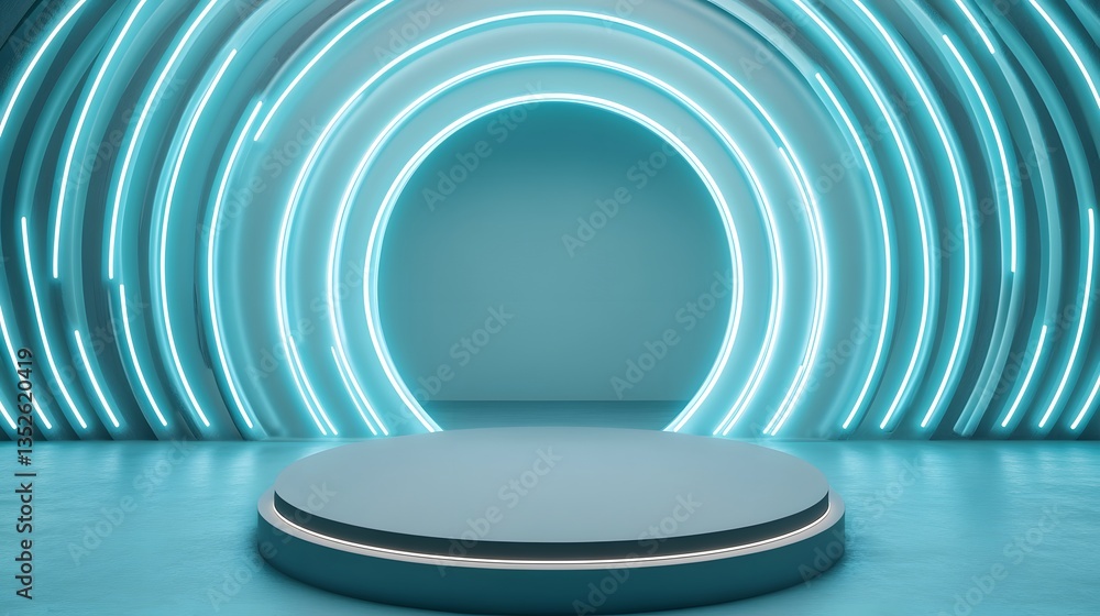 Obraz premium A podium with a reflective mirror surface, placed in an infinity room with neon lights