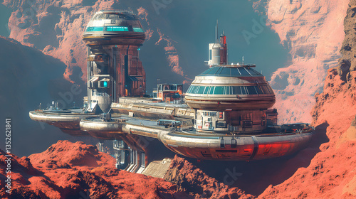 Futuristic mars colony with advanced space structures and a red desert landscape