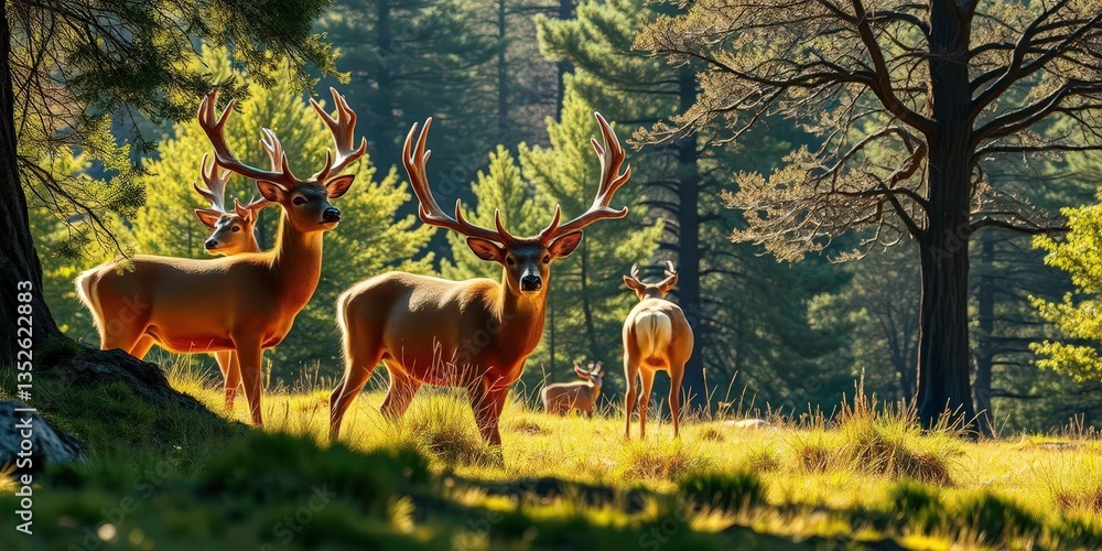 Fototapeta premium Majestic golden-antlered deer basking in sun-drenched glade, elegant, dreamy
