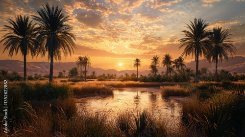 Fototapeta Naklejka Na Ścianę i Meble -  a beautiful oasis in the desert at sunset 