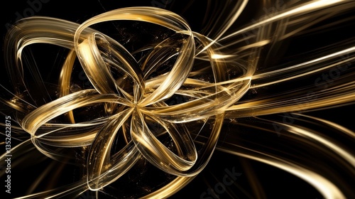 Abstract depiction featuring curving golden lines and forms over black