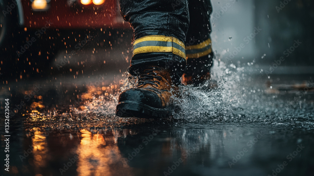 A close-up of a firefighter's boots stepping into a puddle, water splashing dramatically, strong directional lighting emphasizing the rugged texture and wear A close-up of a firefighter's boots stepping into a puddle, water splashing dramatically, strong directional lighting emphasizing the rugged texture and wear