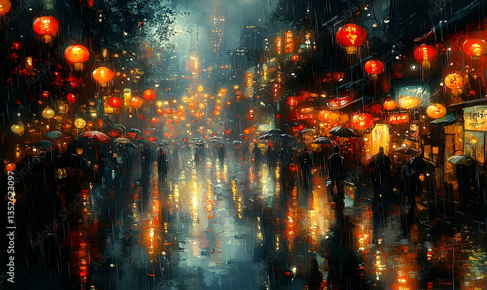 Fototapeta premium Vibrant street scene at night with glowing lanterns and umbrellas in a rainy urban setting