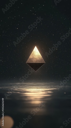A geometric glowing pyramid hovers over a reflecting body of water