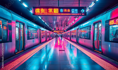 Wallpaper Mural Vibrant subway station illuminated by neon lights, showcasing empty platforms and colorful signage Torontodigital.ca
