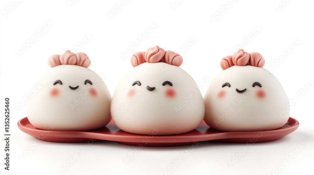 Adorable and Delightful Trio of Steamed Buns Classic Japanese Dumplings Served on a Red Plate Offering a Delicious and Whimsical Culinary Treat Adorable and Delightful Trio of Steamed Buns Classic Japanese Dumplings Served on a Red Plate Offering a Delicious and Whimsical Culinary Treat