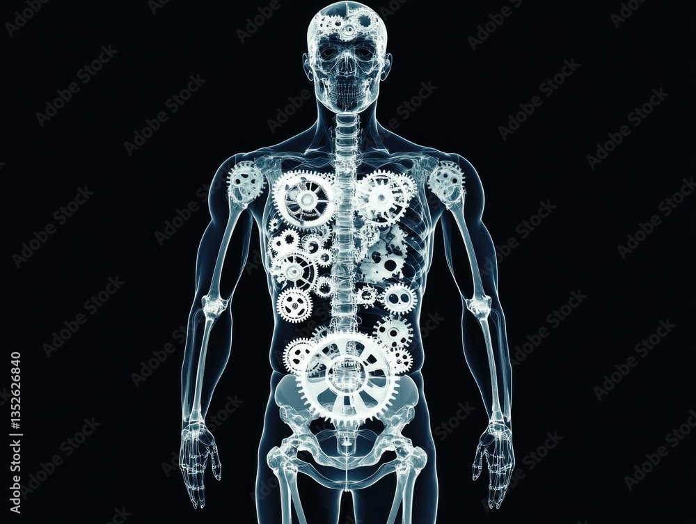 Three-Dimensional X-Ray of a Male Figure Featuring Internal Gears Against a Dark Backdrop Three-Dimensional X-Ray of a Male Figure Featuring Internal Gears Against a Dark Backdrop