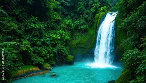 Emerald green jungle, massive waterfall cascading into turquoise pool, rocks, clear water