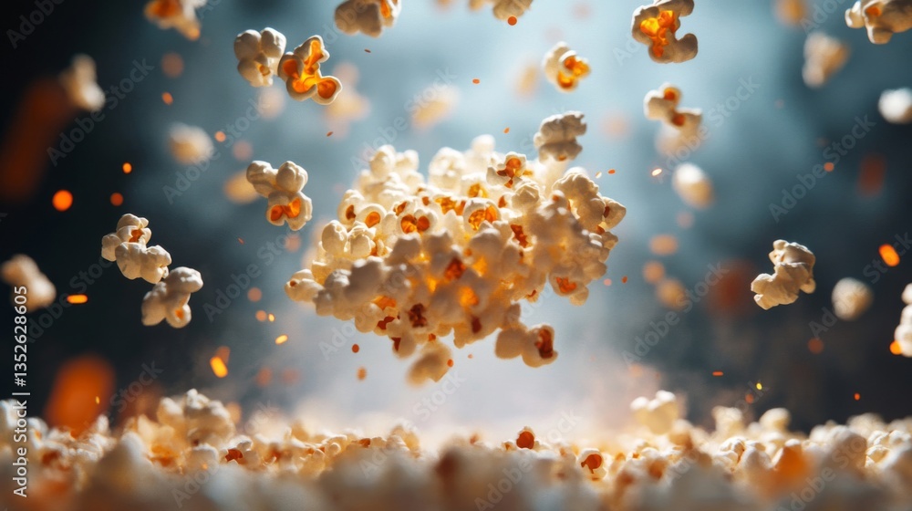 Flying Popcorn Kernels Against Dark Background Flying Popcorn Kernels Against Dark Background