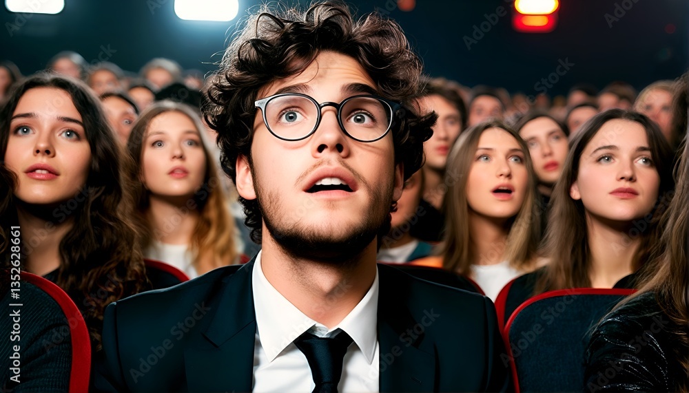 Fototapeta premium A man wearing glasses and a suit is looking upwards in shock at an event or performance.