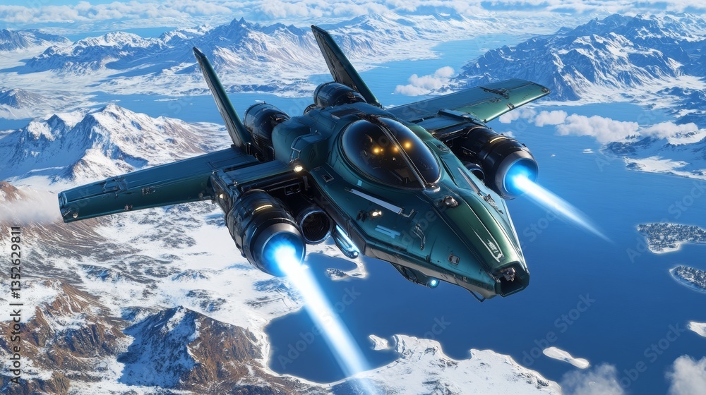 Naklejka premium A futuristic combat spaceship with four engines, a green body, flying over the snow-capped mountains.