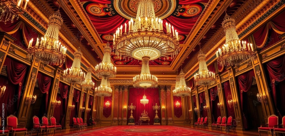 Obraz premium Gilt-edged ballroom, opulent chandeliers, rich fabrics, crystal, pattern