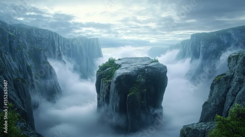 Misty cliffs surround a rocky outcrop under a cloudy sky.