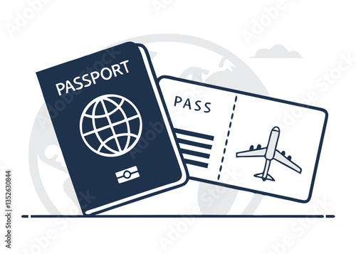 Travel essentials: passport and boarding pass on a global background  