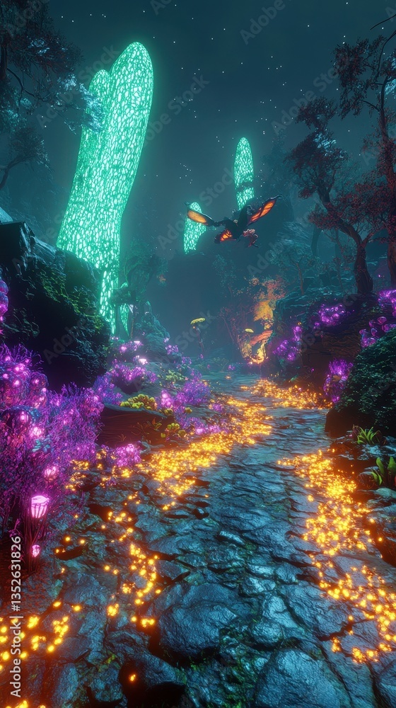 Obraz premium A scenic landscape of glowing flora and a flying creature