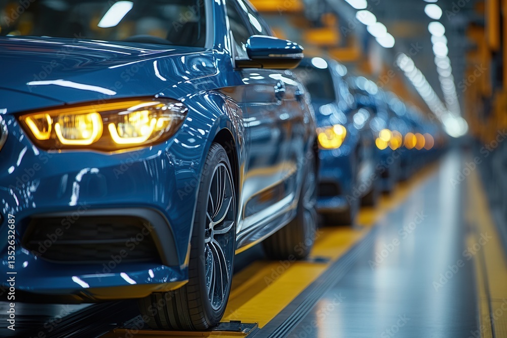 Automobile assembly line featuring blue cars under bright factory lights Automobile assembly line featuring blue cars under bright factory lights