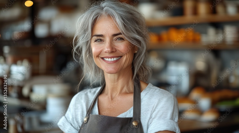 Smiling Woman, Cafe Owner, Grey Hair, Happy Business Owner, Bakery, Coffee Shop, Portrait Smiling Woman, Cafe Owner, Grey Hair, Happy Business Owner, Bakery, Coffee Shop, Portrait