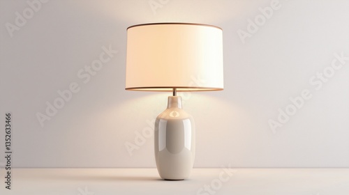 A modern white table lamp with a soft glow illuminating a minimalist background.