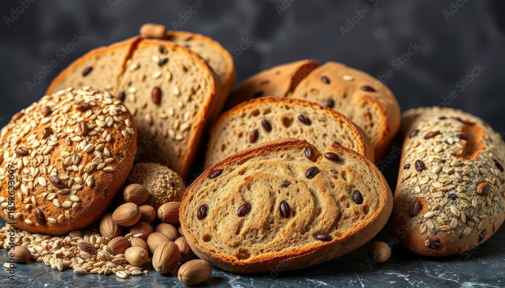 Rustic assorted whole grain bread with seeds & nuts, dark stone background, artisan, sunflower seeds Rustic assorted whole grain bread with seeds & nuts, dark stone background, artisan, sunflower seeds