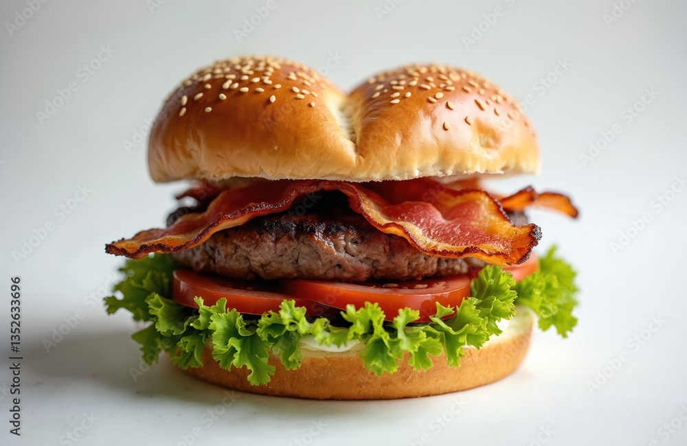 Heart-shaped burger with bacon slices on top of beef cutlet, tomatoes and lettuce. Sesame buns on white background. Food photo for Valentines Day, love, restaurant menu, fast food, gourmet. Isolated Heart-shaped burger with bacon slices on top of beef cutlet, tomatoes and lettuce. Sesame buns on white background. Food photo for Valentines Day, love, restaurant menu, fast food, gourmet. Isolated