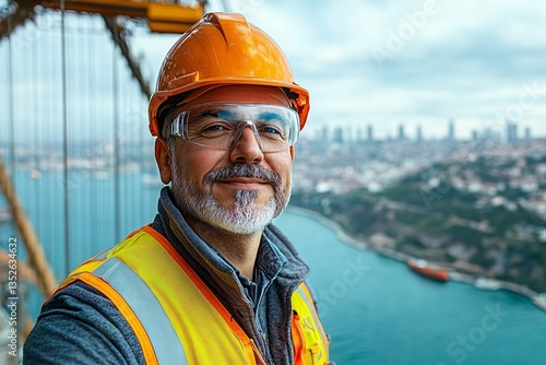 Portrait of a middle-aged male bridge construction worker and architect, wearing safety gear and confidently overseeing the project. The image reflects experience, leadership, and the essential role o