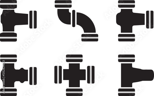 A vector silhouette illustration set of UPVC sanitary fittings, including tee, cross tee, bend, socket, and elbow. Ideal for plumbing designs, construction projects, technical drawings
