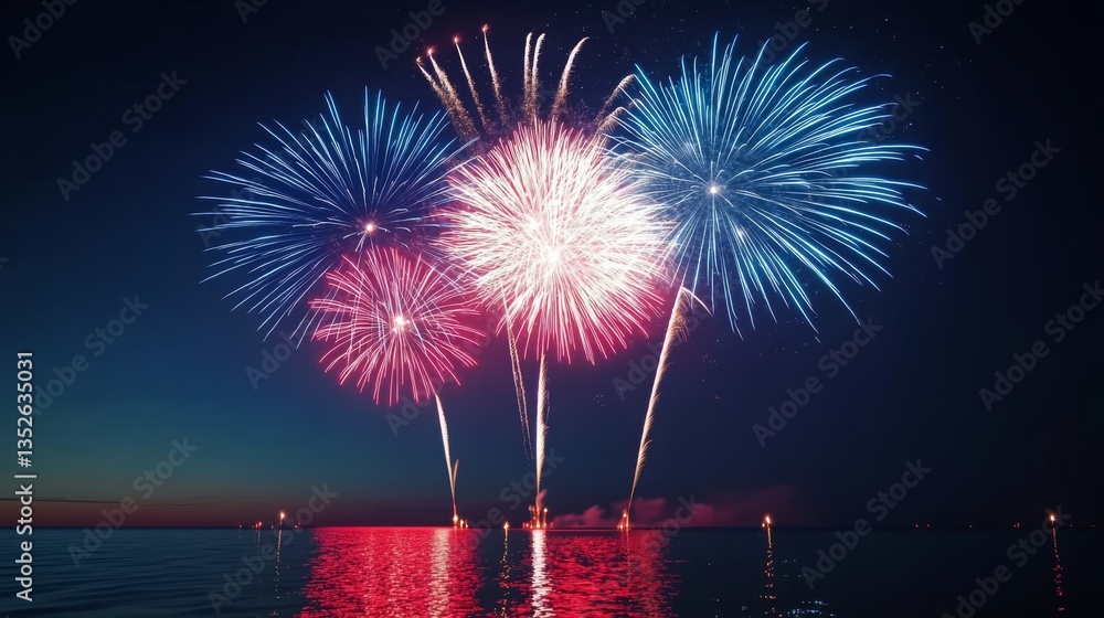 Fireworks Display Over Water, Night, Celebration Fireworks Display Over Water, Night, Celebration
